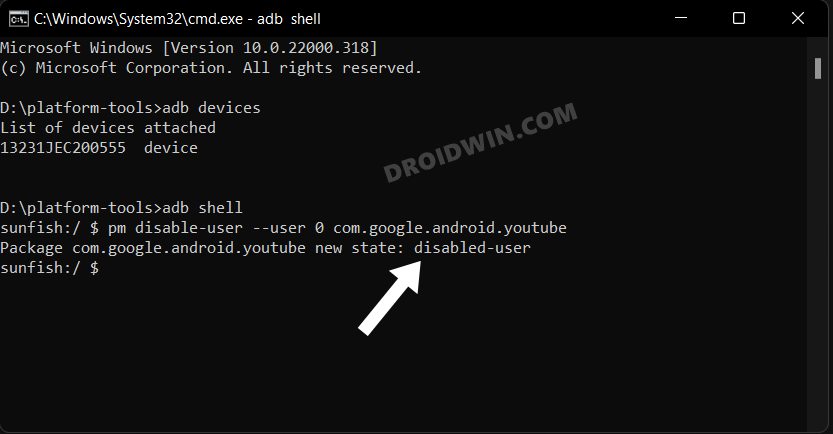 Uninstall YouTube from Android via ADB Command