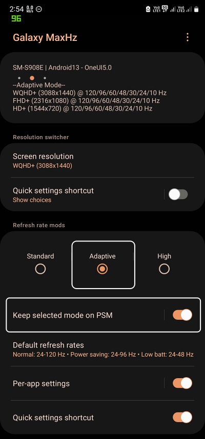 enable 120Hz Refresh Rate in Power Saving Mode one ui 5