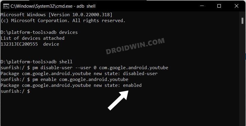 Uninstall YouTube from Android via ADB Command