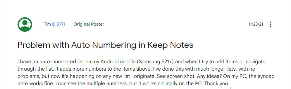 google keeps auto numbering list in android 12