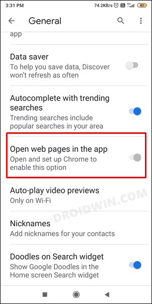 Google App Open Web Pages in the App not working