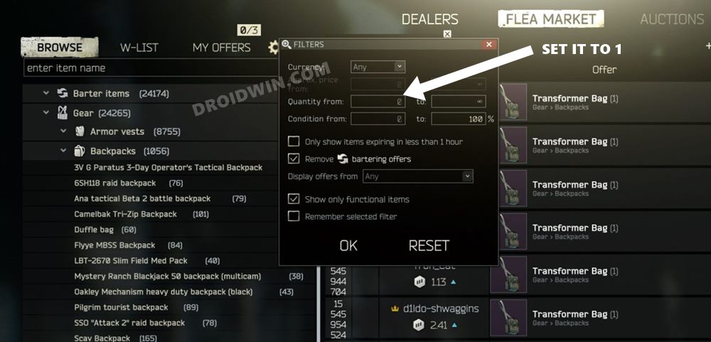 remove out of stock items in escape from tarkov