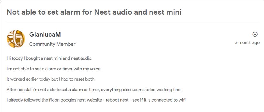 unable to set alarm reminder timer in google nest