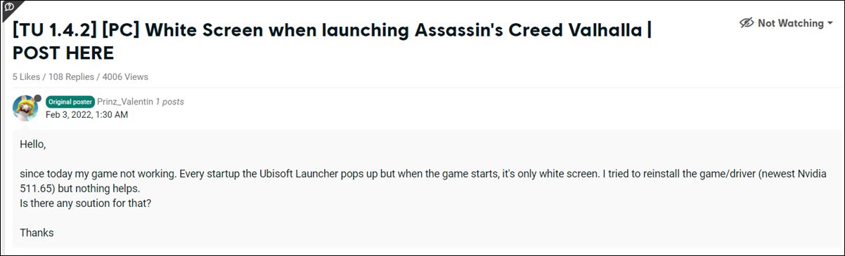 Assassin's Creed Valhalla White Screen Bug