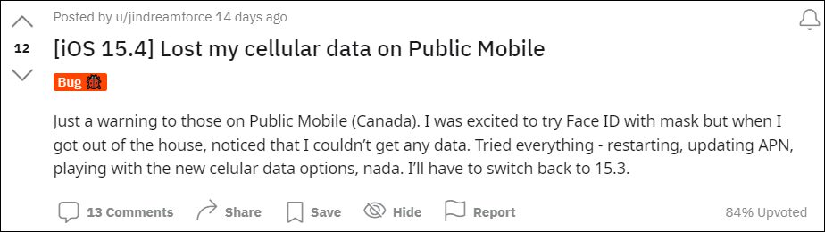 Public Mobile Carrier Data not working in iOS 15.4 Beta 2