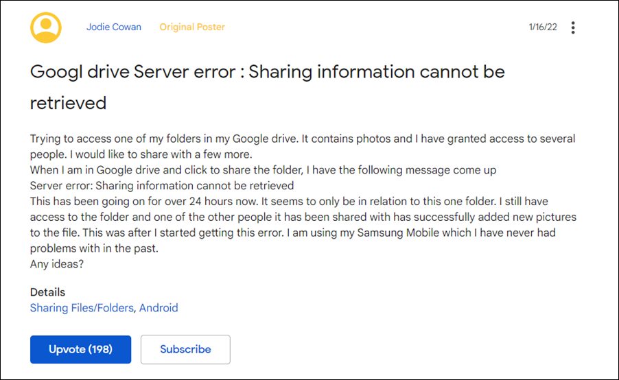 Google Drive Server error Sharing information cannot be retrieved