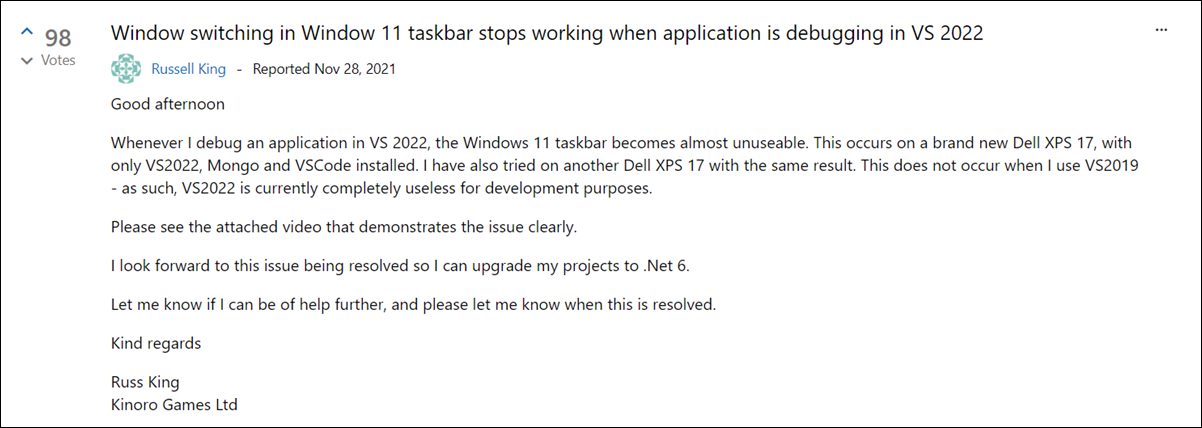 Visual Studio 2022 Hangs Windows 11 Taskbar