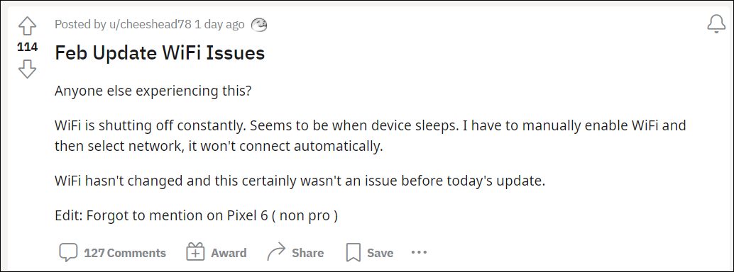 no wifi february update pixel 6