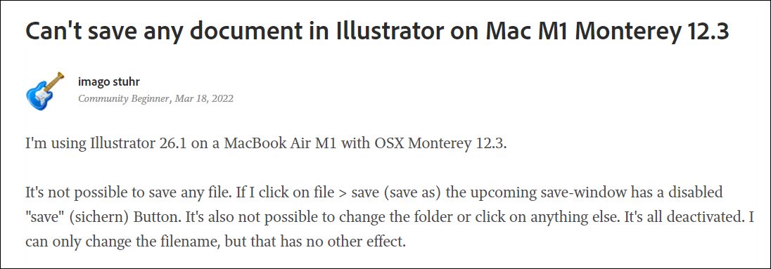 Adobe Illustrator Save button not working in macOS 12.3