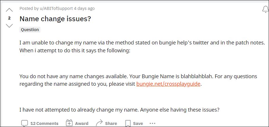 Destiny 2 no name changes available