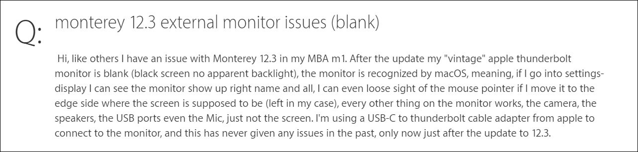 External Monitor not working macOS 12.3