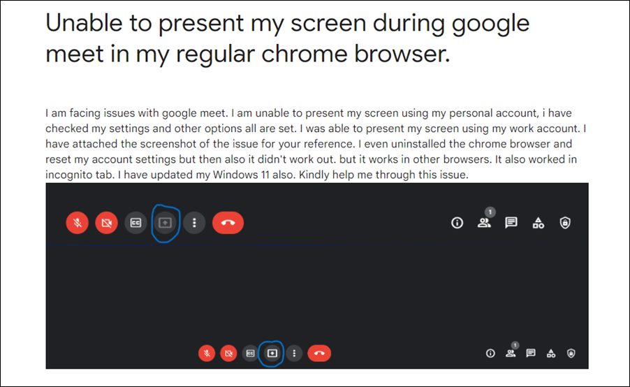 Google Meet Screen Share Button Not Working