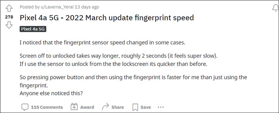 Slow Fingerprint Pixel 4a March 2022 update
