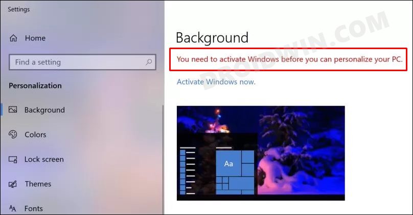 You need to activate Windows before you can personalize your PC
