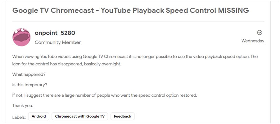 YouTube Playback Speed Control missing