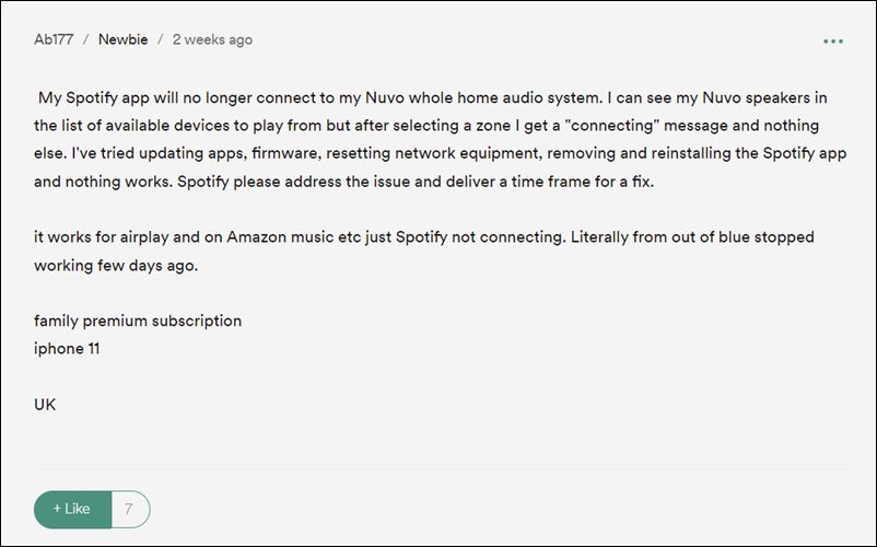 Cannot Connect Spotify to Nuvo Audio System