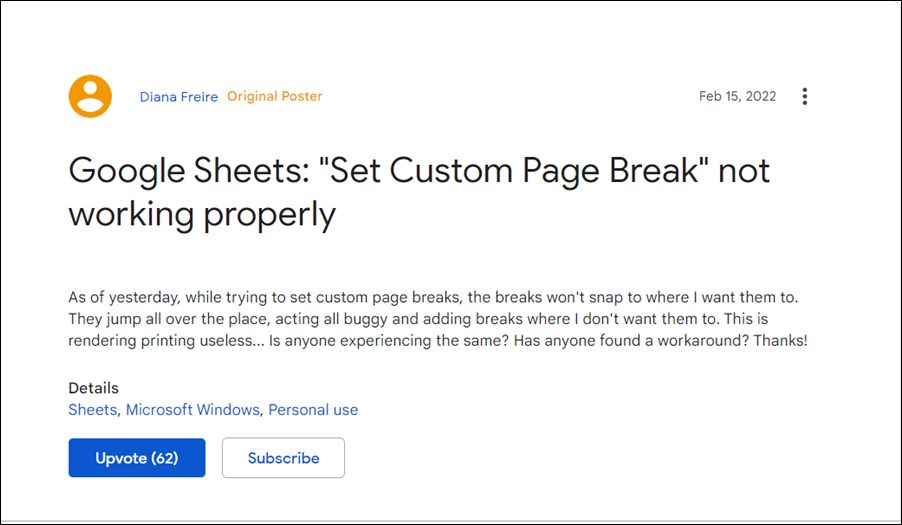 Google Sheets Set Custom Page Break not working