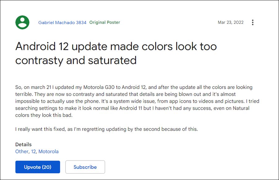 Motorola Moto G30 Display issues Android 12
