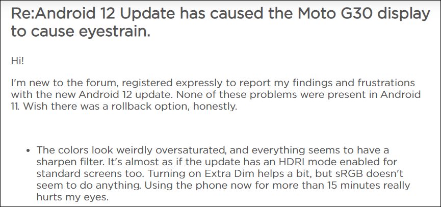 Motorola Moto G30 Display issues Android 12