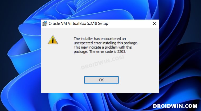 the installer has encountered an unexpected error 2203