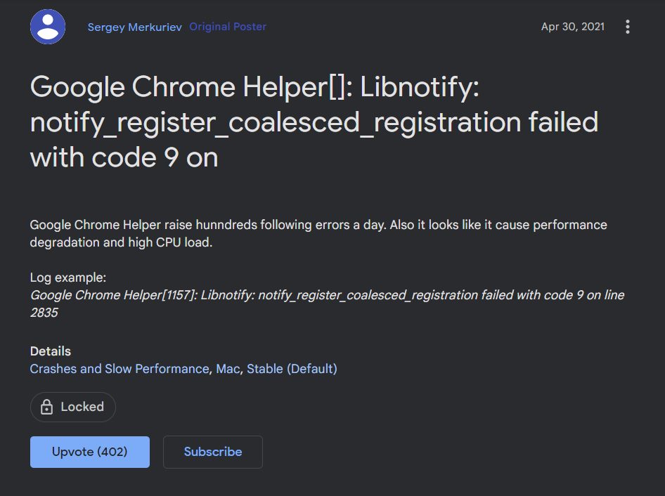 Chrome Helper Libnotify registration failed with code 9 on line 2835