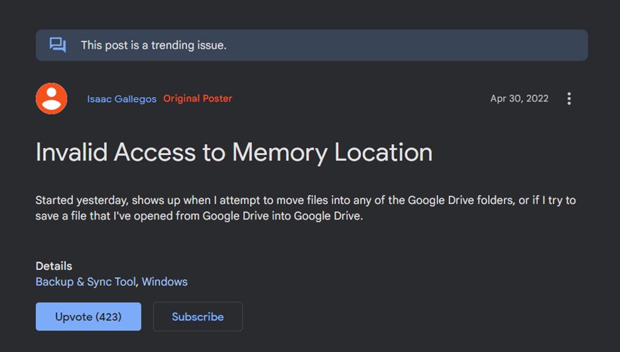 Google Drive Invalid Access to Memory Location