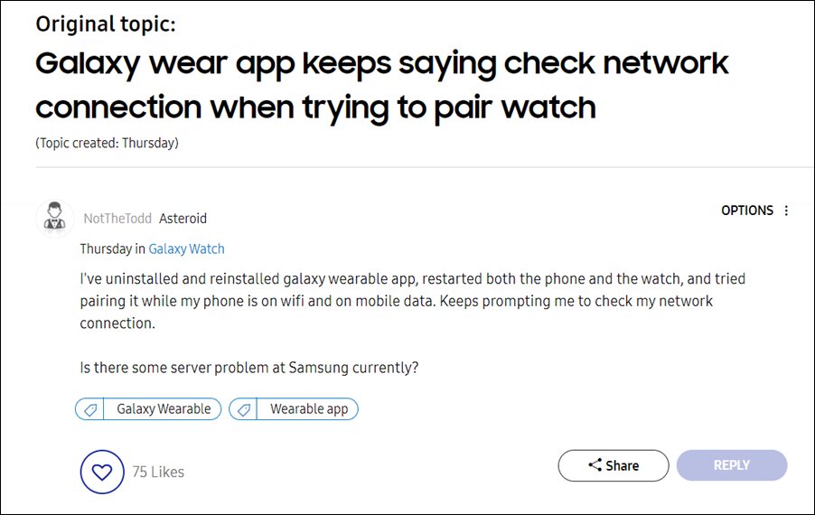 Samsung Galaxy Wearable app Check your network connection