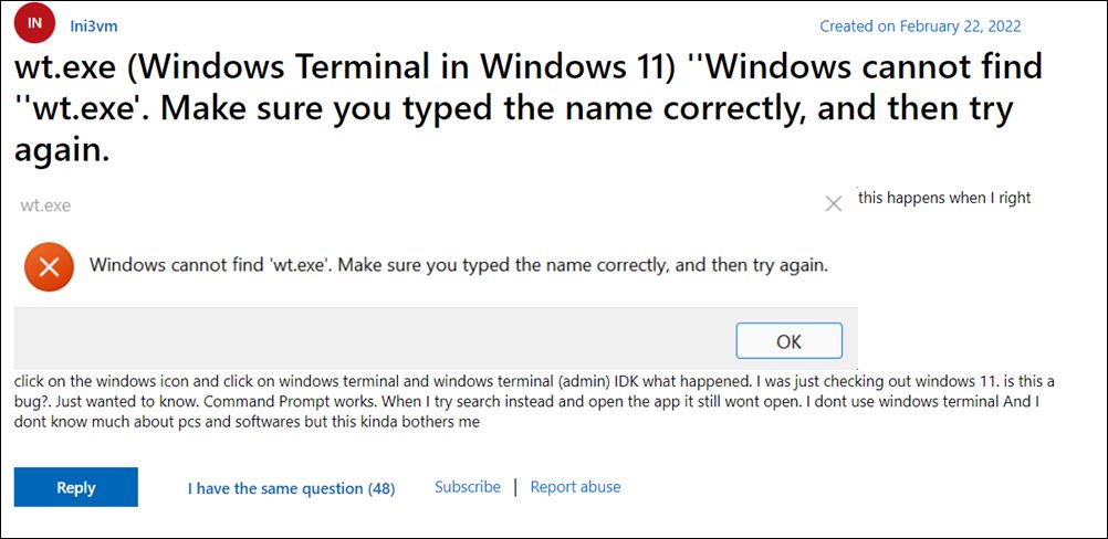 Windows cannot find wt.exe Windows Terminal not opening