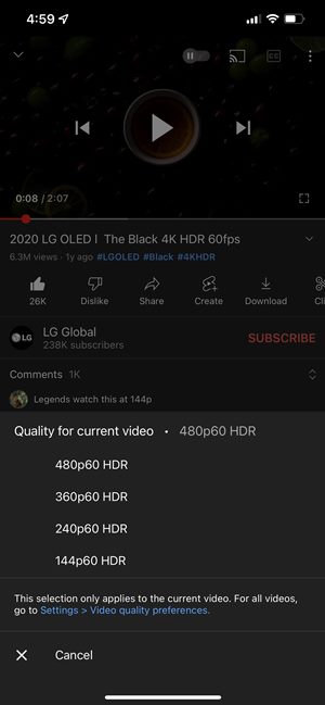 YouTube 60 FPS HDR videos capped at 480p on iPhone