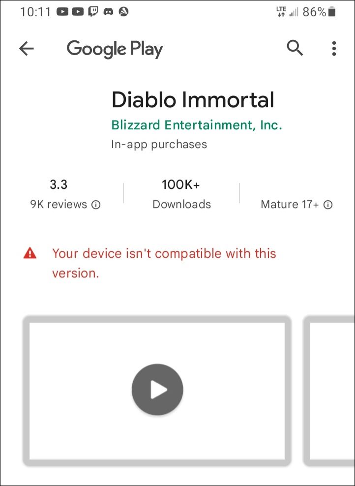 Diablo Immortal Your device isn't compatible with this version