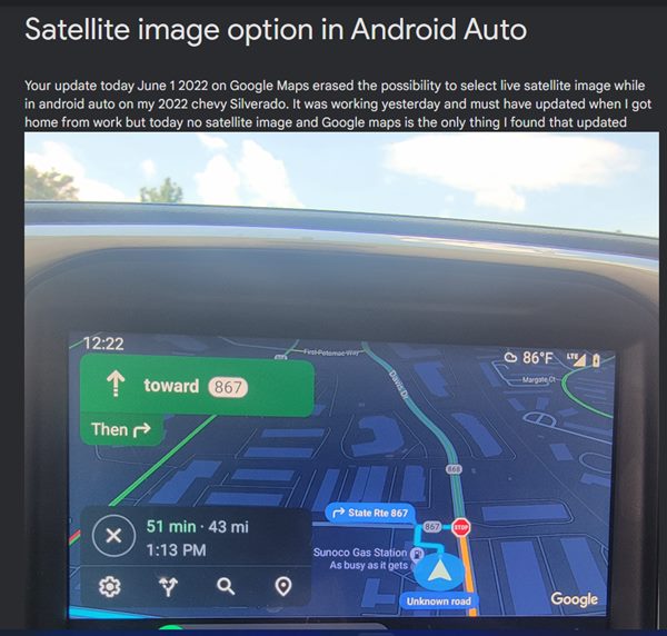 Satellite View Missing in Android Auto
