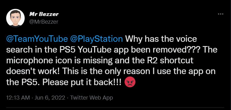 Voice Search missing in YouTube App on PlayStation 5