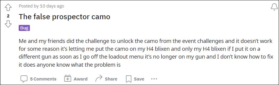 COD Warzone False Prospector camo not working