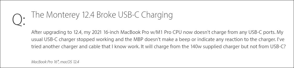 Cannot charge MacBook macOS 12.4