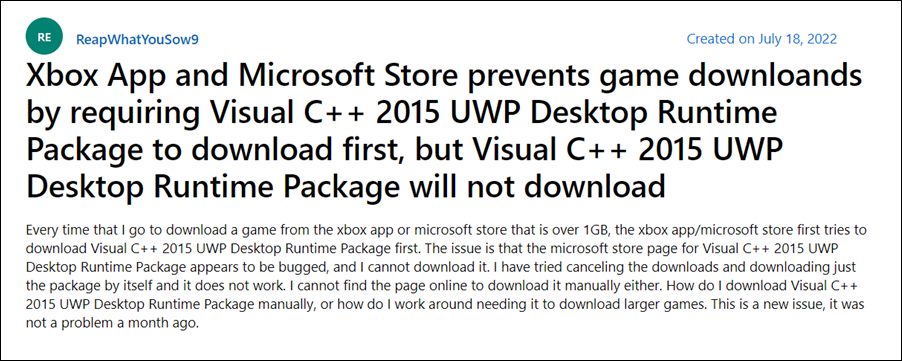 Cannot download games from Microsoft Store Visual C++ 2015