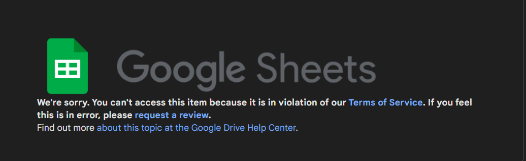 Google Sheets violation of our Terms of Service error
