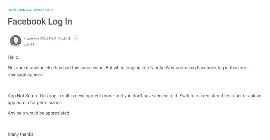 Niantic Wayfarer Forum Facebook login not working