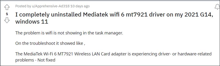 Wi-Fi 6 Mediatek MT7921 card not working