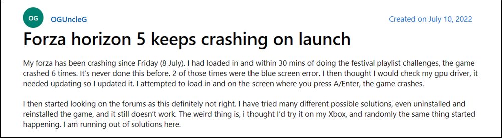 Forza Horizon 5 crash at launch