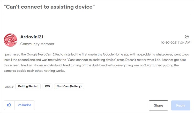 Google Nest Camera Can't connect to assisting device