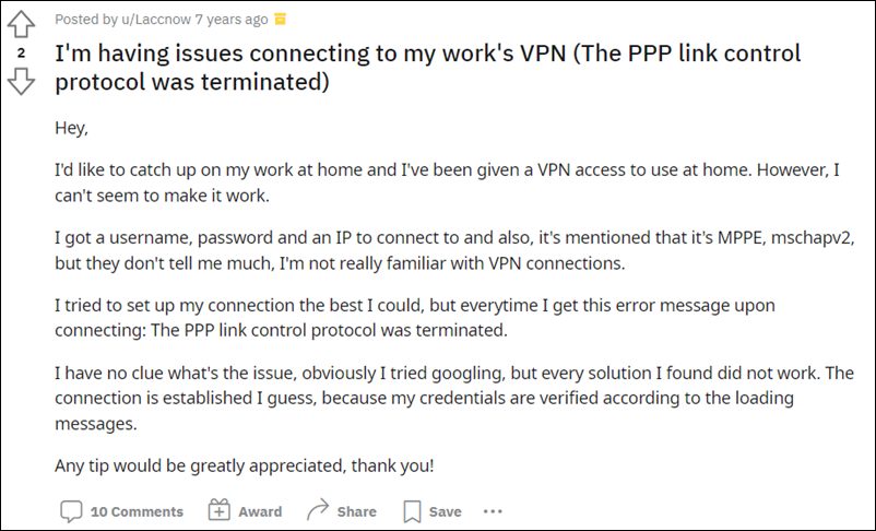 VPN Error 734 PPP Link Control Protocol was Terminated