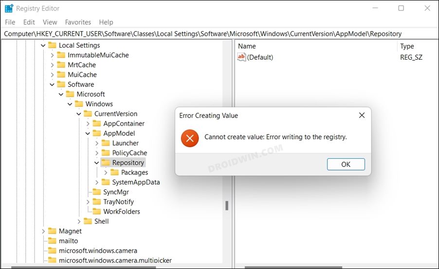 Cannot create value  Error writing to the registry  Fixed    DroidWin - 52