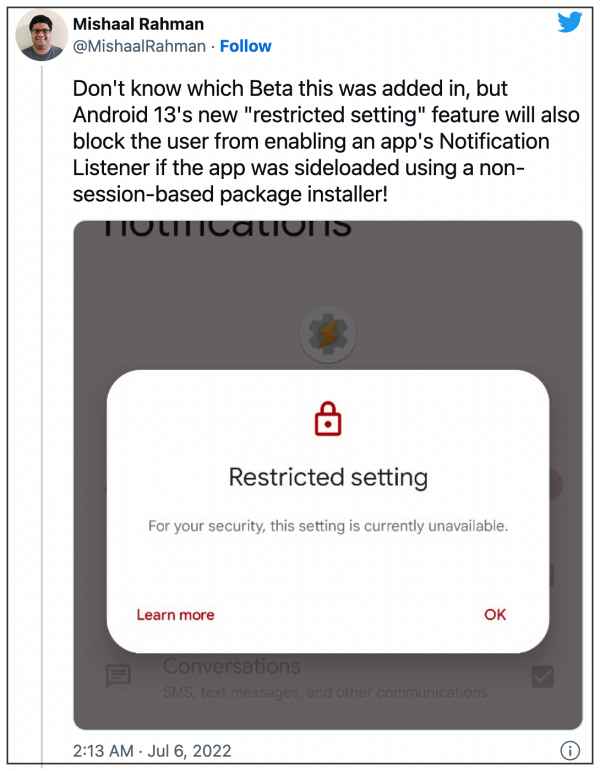 Allow Restricted Settings missing Android 13