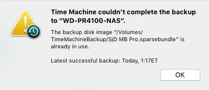 Time Machine couldn‘t complete the backup: Disk image already in use