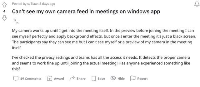 Microsoft Teams Camera Feed not working
