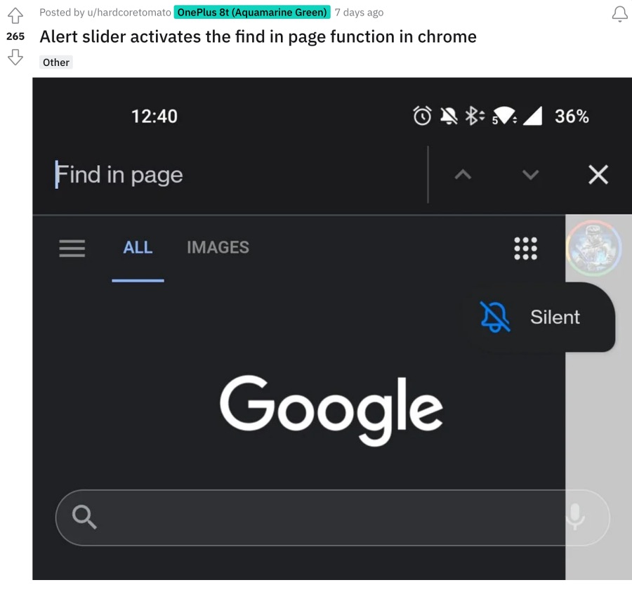 OnePlus alert slider opens 'Find in page' in Google Chrome