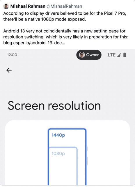 Enable 1080p Display Resolution in Pixel 6 Pro