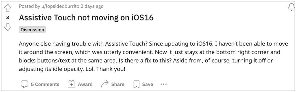Assistive Touch not working in iOS 16