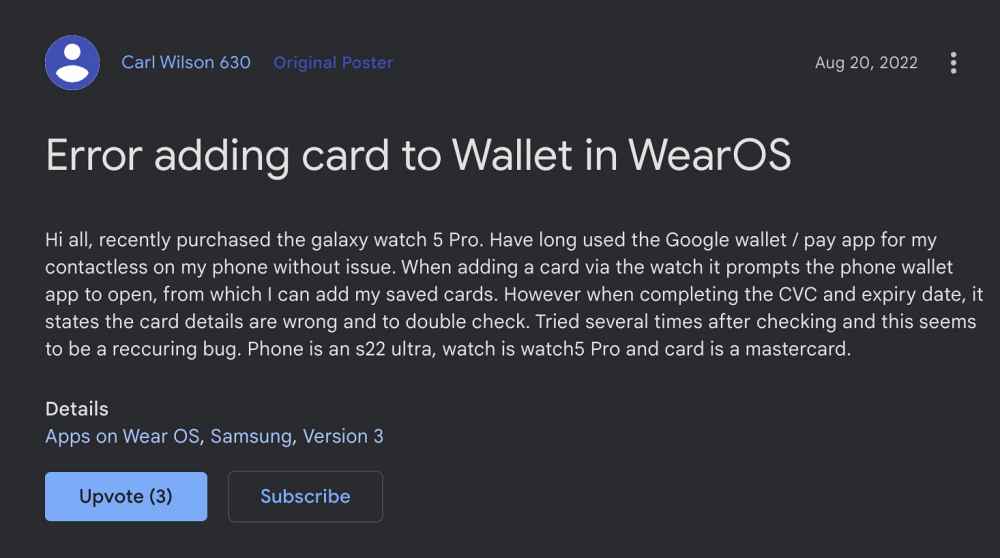 Cannot add Mastercard to Google Wallet in Galaxy Watch 5 pro