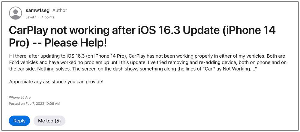 Carplay not working with iOS 16.3.1